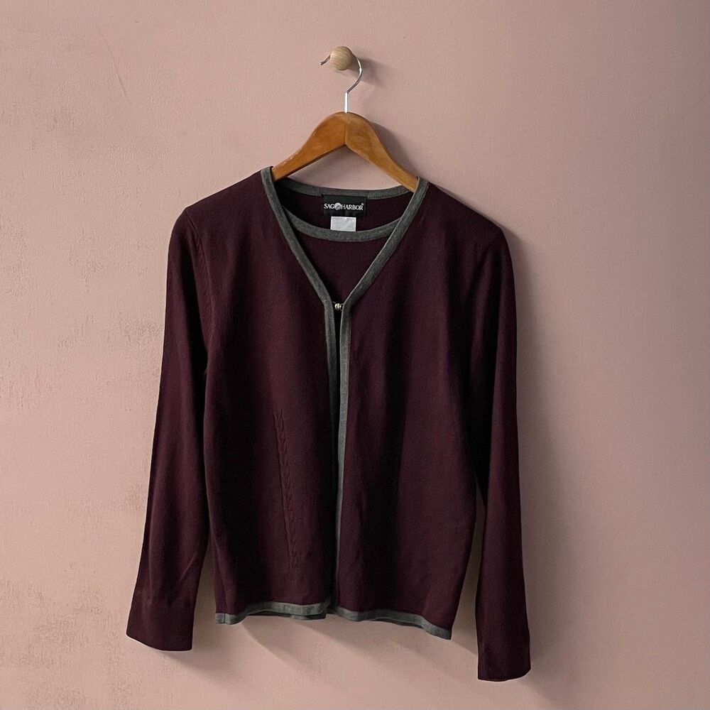 Vintage Sag Harbor Acrylic Burgundy/Wine & Gray Trim Grandma Cardigan Sz S GUC